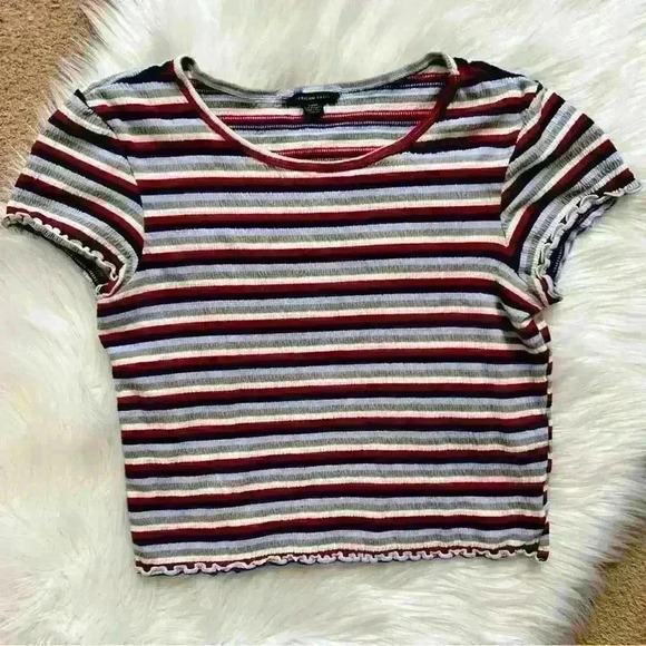 American Eagle Outfitters Cropped Ruffle Hem Striped Tee Small - Picture 1 of 6